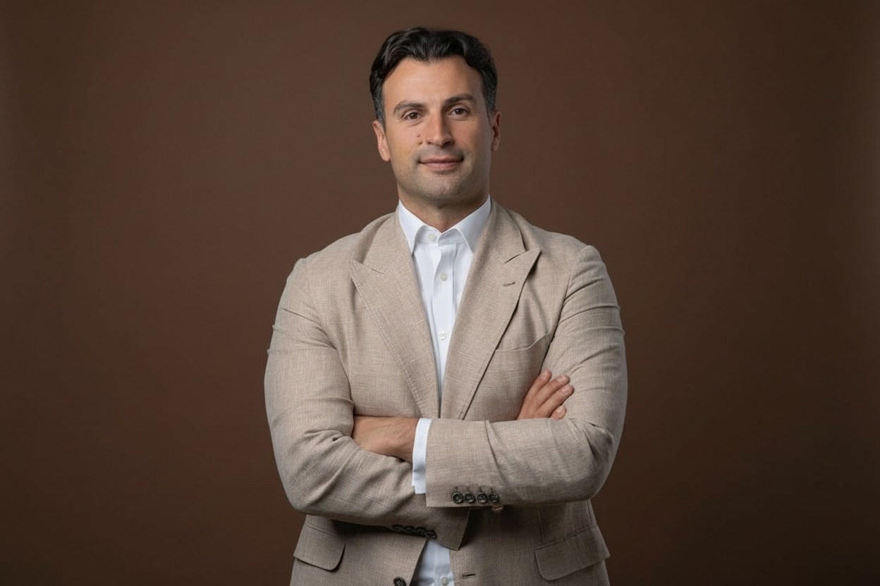 Vlad Musteață, portret de studio pe fundal brun, cu brațele încrucișate.